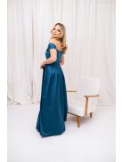 Inez - romantické maxi šaty s nariaseným topom a trblietavým tylom, v petrolejovej modrej farbe