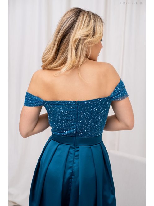 Inez - romantické maxi šaty s nariaseným topom a trblietavým tylom, v petrolejovej modrej farbe