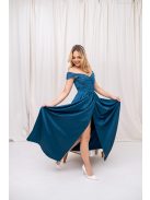 Inez - romantické maxi šaty s nariaseným topom a trblietavým tylom, v petrolejovej modrej farbe