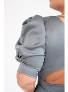 Andrea - saténové maxi šaty s pufovanými rukávmi a špeciálnym vykrojeným chrbtom, v zeleno-sivej farbe