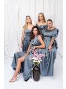 Andrea - saténové maxi šaty s pufovanými rukávmi a špeciálnym vykrojeným chrbtom, v zeleno-sivej farbe