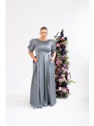 Andrea - saténové maxi šaty s pufovanými rukávmi a špeciálnym vykrojeným chrbtom, v zeleno-sivej farbe