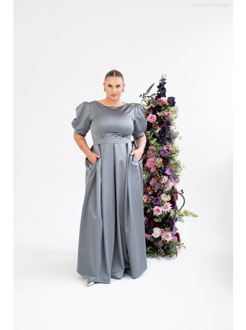 Andrea - saténové maxi šaty s pufovanými rukávmi a špeciálnym vykrojeným chrbtom, v zeleno-sivej farbe