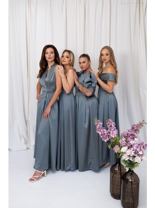 Írisz - maxi šaty bez rukávov so špeciálnym výstrihom, zo saténového materiálu, v zeleno-sivej farbe