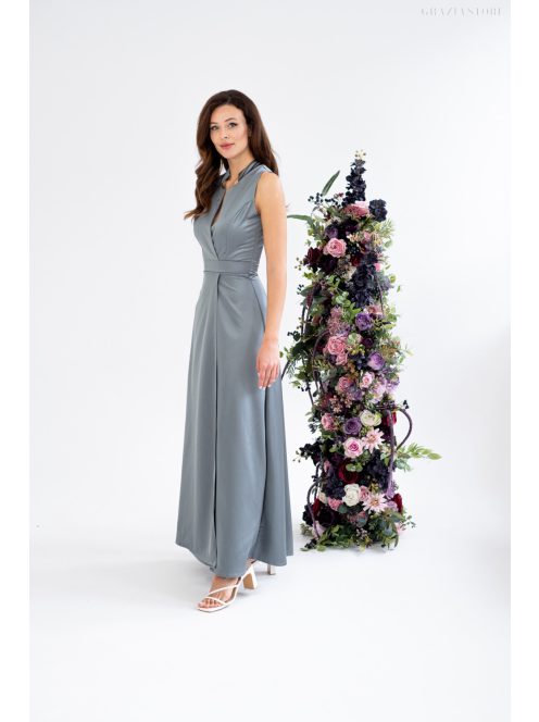 Írisz - maxi šaty bez rukávov so špeciálnym výstrihom, zo saténového materiálu, v zeleno-sivej farbe