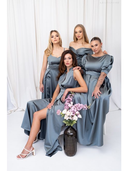 Írisz - maxi šaty bez rukávov so špeciálnym výstrihom, zo saténového materiálu, v zeleno-sivej farbe