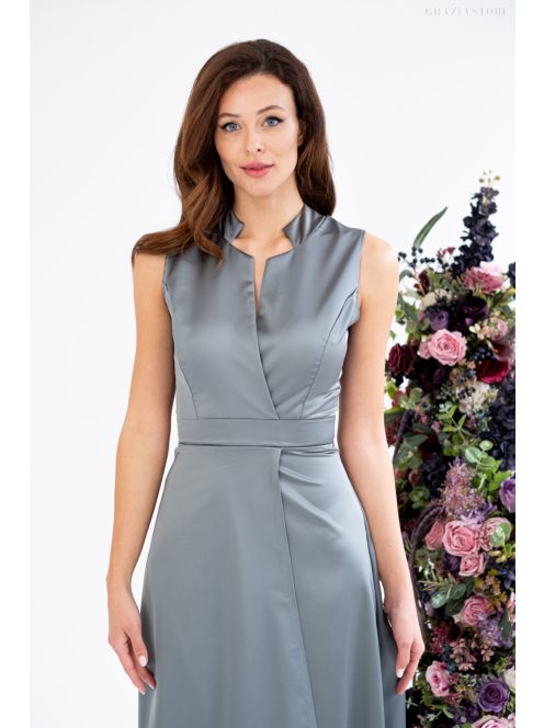 Írisz - maxi šaty bez rukávov so špeciálnym výstrihom, zo saténového materiálu, v zeleno-sivej farbe