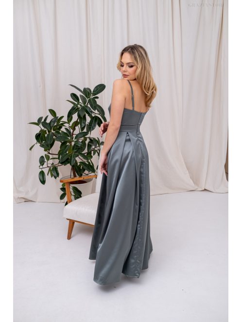 Chloe - saténové maxi šaty s tenkými ramienkami a srdiečkovým výstrihom, v zeleno-sivej farbe