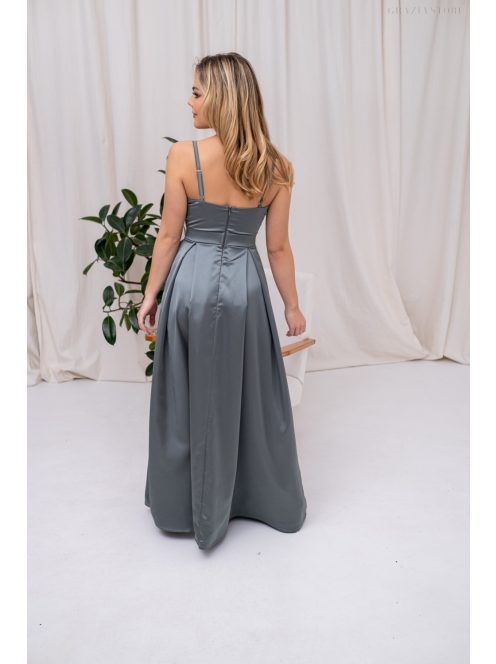 Chloe - saténové maxi šaty s tenkými ramienkami a srdiečkovým výstrihom, v zeleno-sivej farbe