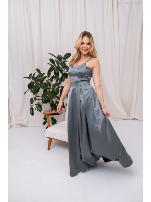 Chloe - saténové maxi šaty s tenkými ramienkami a srdiečkovým výstrihom, v zeleno-sivej farbe