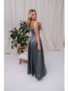 Chloe - saténové maxi šaty s tenkými ramienkami a srdiečkovým výstrihom, v zeleno-sivej farbe