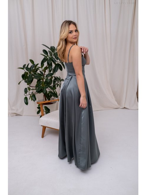 Chloe - saténové maxi šaty s tenkými ramienkami a srdiečkovým výstrihom, v zeleno-sivej farbe