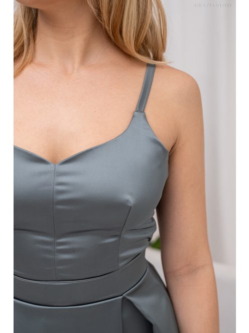 Chloe - saténové maxi šaty s tenkými ramienkami a srdiečkovým výstrihom, v zeleno-sivej farbe