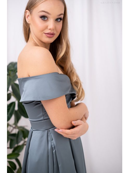 Audrey - saténové maxi šaty so srdiečkovým výstrihom, v zeleno-sivej farbe