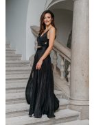 Yvonne - maxi šaty s prekríženým topom  z lesklého, elastického, plisovaného materiálu, v čiernej farbe.