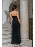 Yvonne - maxi šaty s prekríženým topom  z lesklého, elastického, plisovaného materiálu, v čiernej farbe.