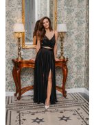 Yvonne - maxi šaty s prekríženým topom  z lesklého, elastického, plisovaného materiálu, v čiernej farbe.