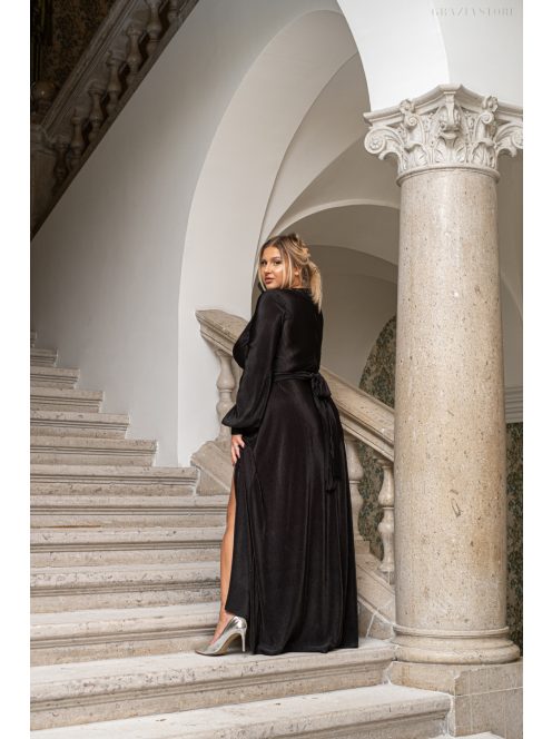 Daisy - preložené, plisované maxi šaty s dlhým rukávom, v čiernej farbe