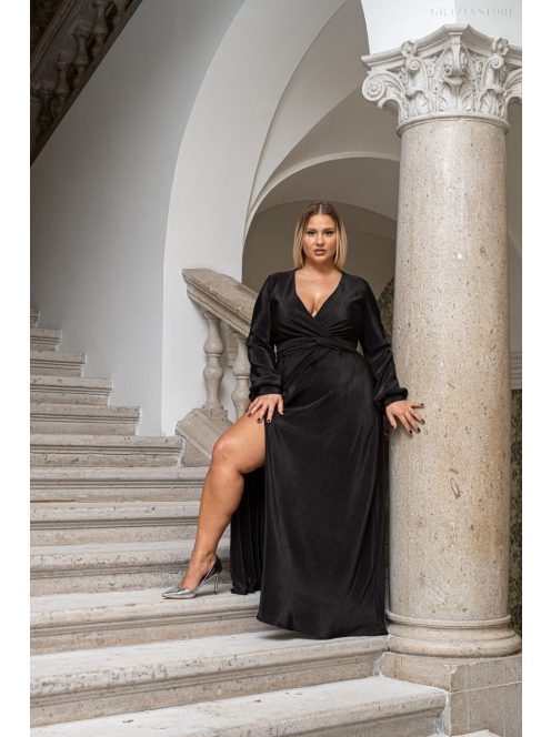 Daisy - preložené, plisované maxi šaty s dlhým rukávom, v čiernej farbe