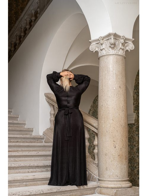 Daisy - preložené, plisované maxi šaty s dlhým rukávom, v čiernej farbe