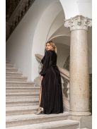 Daisy - preložené, plisované maxi šaty s dlhým rukávom, v čiernej farbe