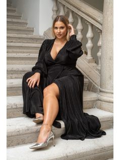   Daisy - preložené, plisované maxi šaty s dlhým rukávom, v čiernej farbe