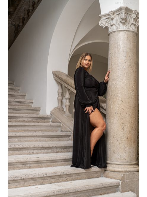 Daisy - zavinovacie, plisované maxi šaty s dlhým rukávom, v čiernej farbe