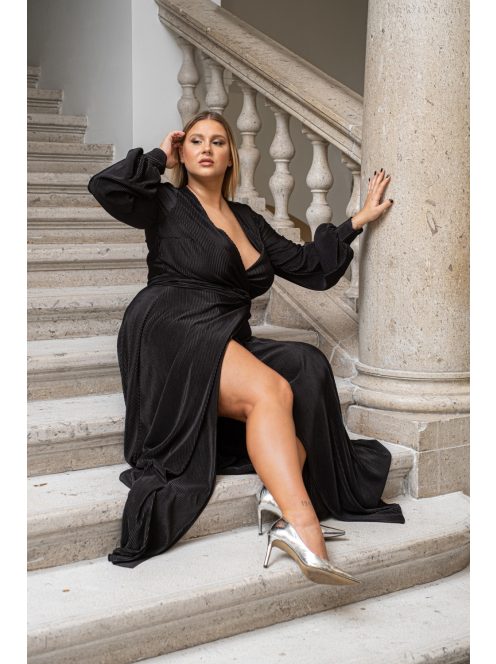 Daisy - zavinovacie, plisované maxi šaty s dlhým rukávom, v čiernej farbe