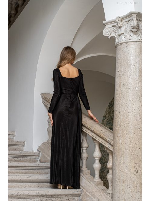 Miranda - plisované maxi šaty s dlhým rukávom, v čiernej farbe