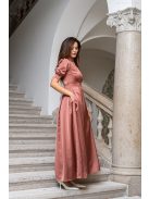 Andrea - saténové maxi šaty s pufovanými rukávmi a špeciálnym vykrojeným chrbtom, v tehlovej farbe