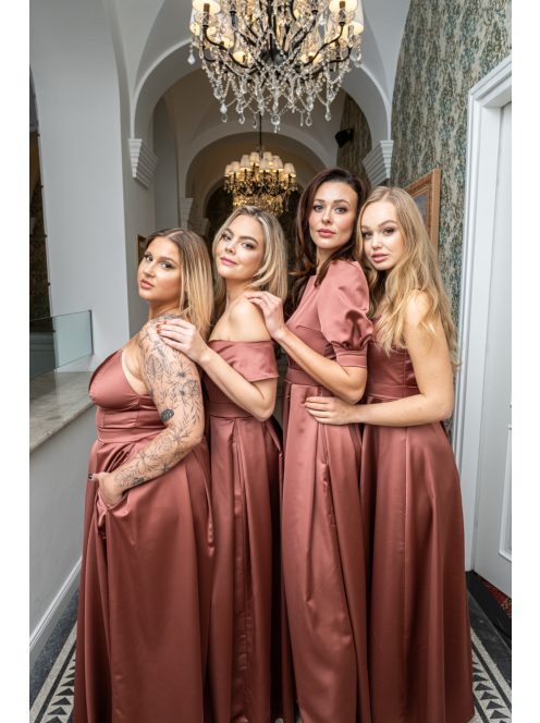 Dália - saténové maxi šaty tehlovej farby, so zaväzovaním na chrbte