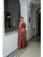 Zenina - saténové maxi šaty s výstrihom do V a špagetovými ramienkami, v tehlovej farbe