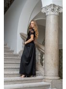 Ramóna - čierne maxi šaty s mierne pufovanými rukávmi, nariaseným výstrihom, zo saténovej látky a trblietavým tylom