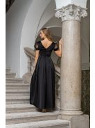Ramóna - čierne maxi šaty s mierne pufovanými rukávmi, nariaseným výstrihom, zo saténovej látky a trblietavým tylom