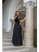 Ramóna - čierne maxi šaty s mierne pufovanými rukávmi, nariaseným výstrihom, zo saténovej látky a trblietavým tylom
