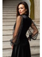 Írisz - saténové maxi šaty so špeciálnym výstrihom a dlhými tylovými rukávmi so štrasom, v čiernej farbe