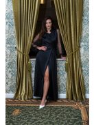 Írisz - saténové maxi šaty so špeciálnym výstrihom a dlhými tylovými rukávmi so štrasom, v čiernej farbe