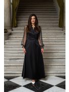 Írisz - saténové maxi šaty so špeciálnym výstrihom a dlhými tylovými rukávmi so štrasom, v čiernej farbe
