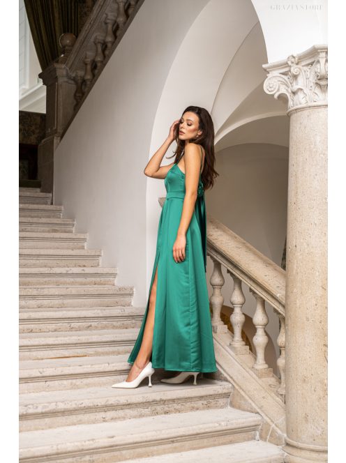 Dália - zelené saténové maxi šaty so zaväzovaním na chrbte