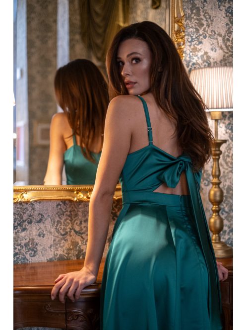 Dália - zelené saténové maxi šaty so zaväzovaním na chrbte