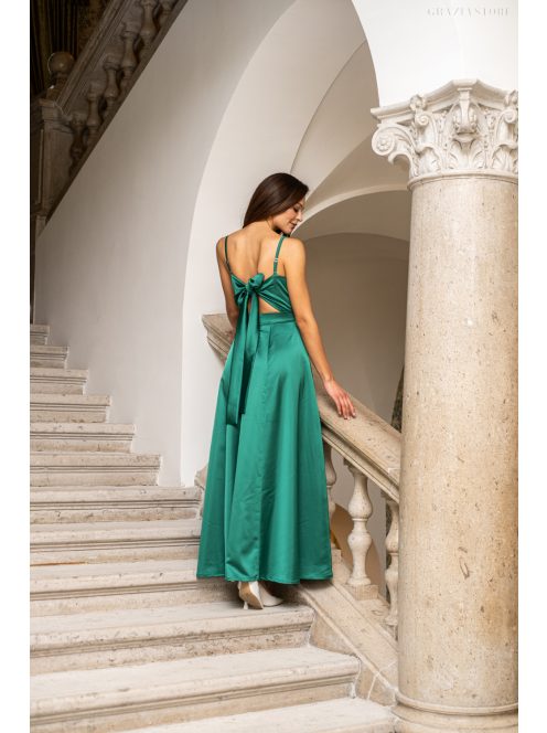 Dália - zelené saténové maxi šaty so zaväzovaním na chrbte