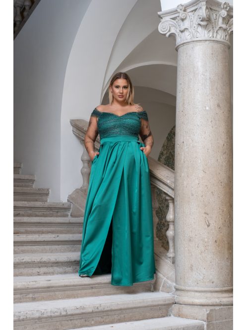 Inez - romantické, saténové maxi šaty s nariaseným topom a trblietavým tylom, v zelenej farbe