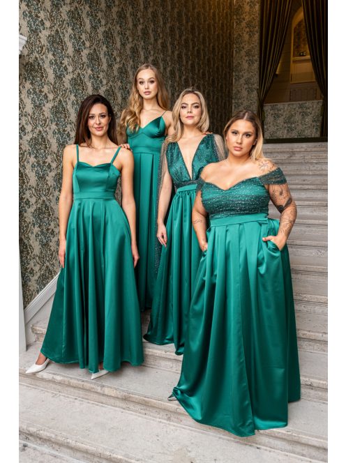 Inez - romantické, saténové maxi šaty s nariaseným topom a trblietavým tylom, v zelenej farbe