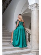 Inez - romantické, saténové maxi šaty s nariaseným topom a trblietavým tylom, v zelenej farbe