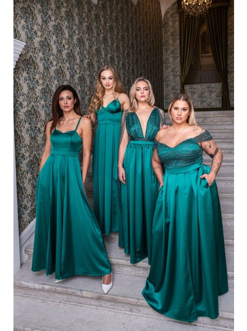 Zenina - saténové maxi šaty s výstrihom do V a špagetovými ramienkami, v zelenej farbe