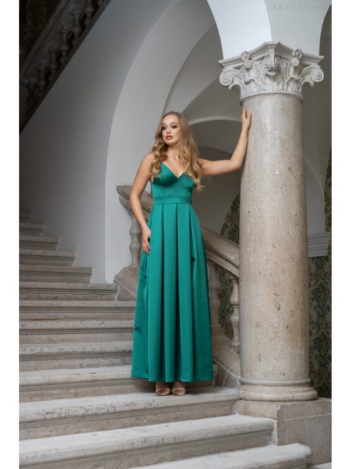 Zenina - saténové maxi šaty s výstrihom do V a špagetovými ramienkami, v zelenej farbe