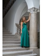Zenina - saténové maxi šaty s výstrihom do V a špagetovými ramienkami, v zelenej farbe