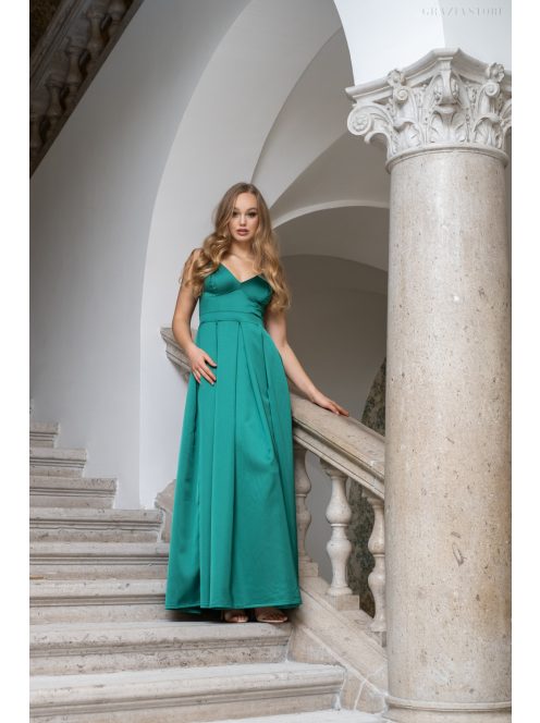 Zenina - saténové maxi šaty s výstrihom do V a špagetovými ramienkami, v zelenej farbe