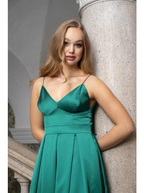 Zenina - saténové maxi šaty s výstrihom do V a špagetovými ramienkami, v zelenej farbe