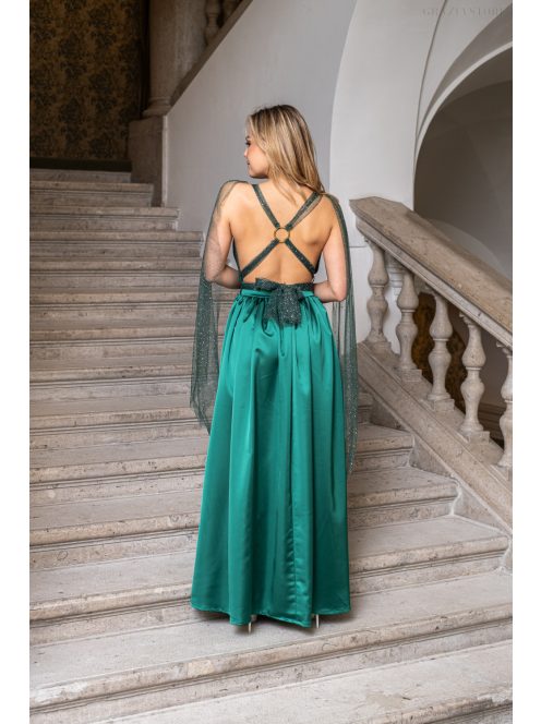 Scarlett - špeciálne maxi šaty s prekríženou látkou na chrbte a flitrovým tylom, v zelenej farbe 